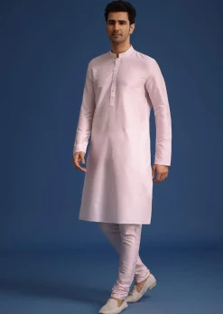 Light Pink Zari Work Silk Sherwani Set With Dupatta