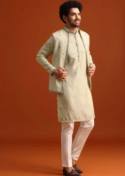 Light Pista Cotton Silk Jacket Kurta And Jacket Set With Mirror Work