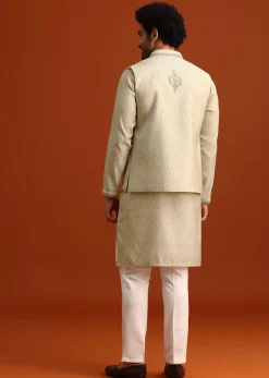 Light Pista Cotton Silk Jacket Kurta And Jacket Set With Mirror Work