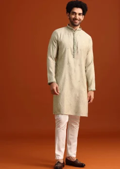 Light Pista Cotton Silk Jacket Kurta And Jacket Set With Mirror Work