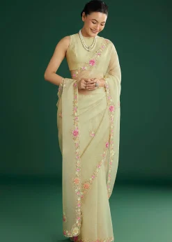 Light Pista Crushed Tissue Saree With Floral Embroidery