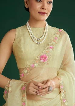 Light Pista Crushed Tissue Saree With Floral Embroidery