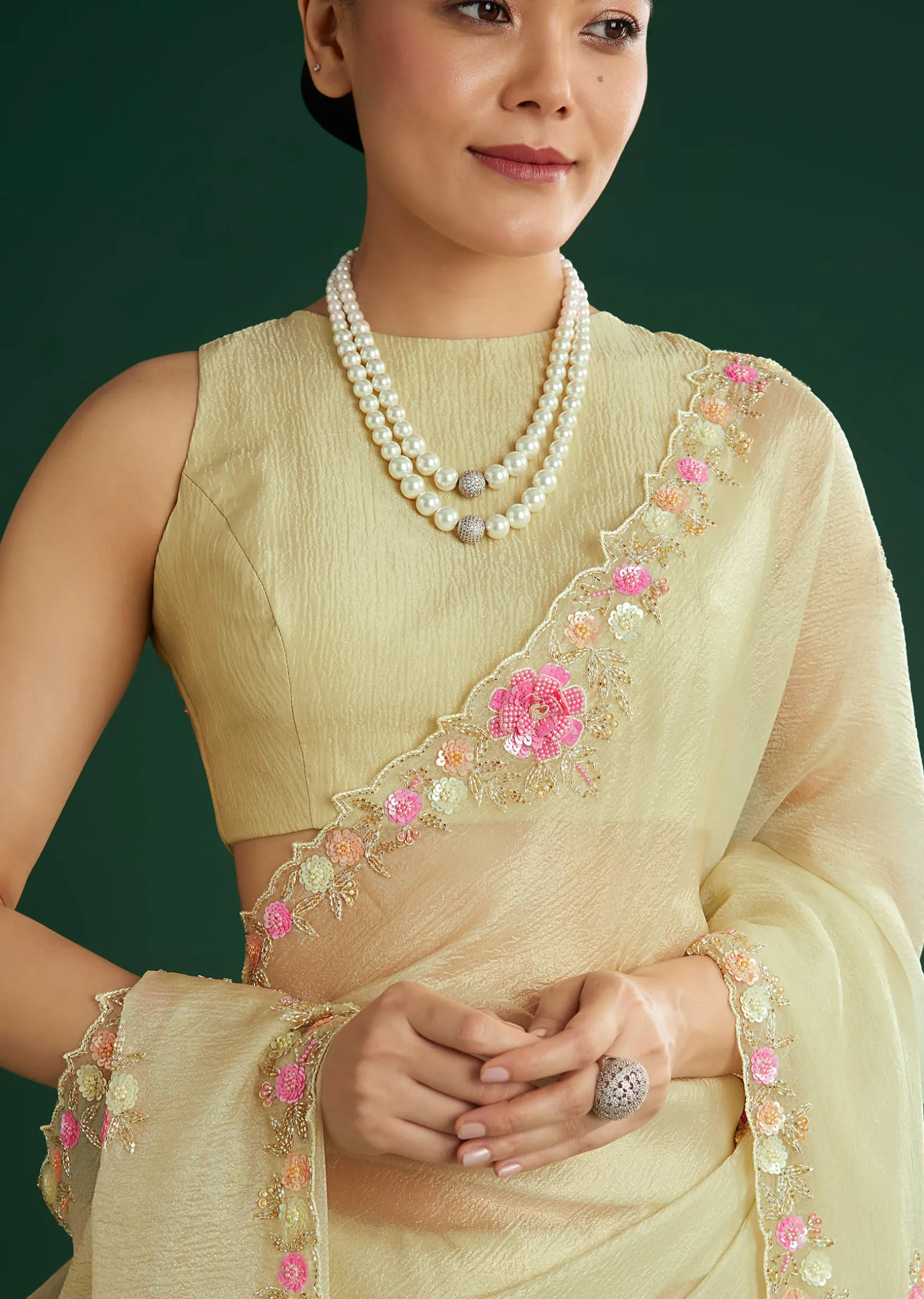 Light Pista Crushed Tissue Saree With Floral Embroidery