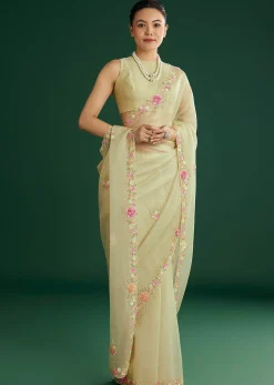 Light Pista Crushed Tissue Saree With Floral Embroidery