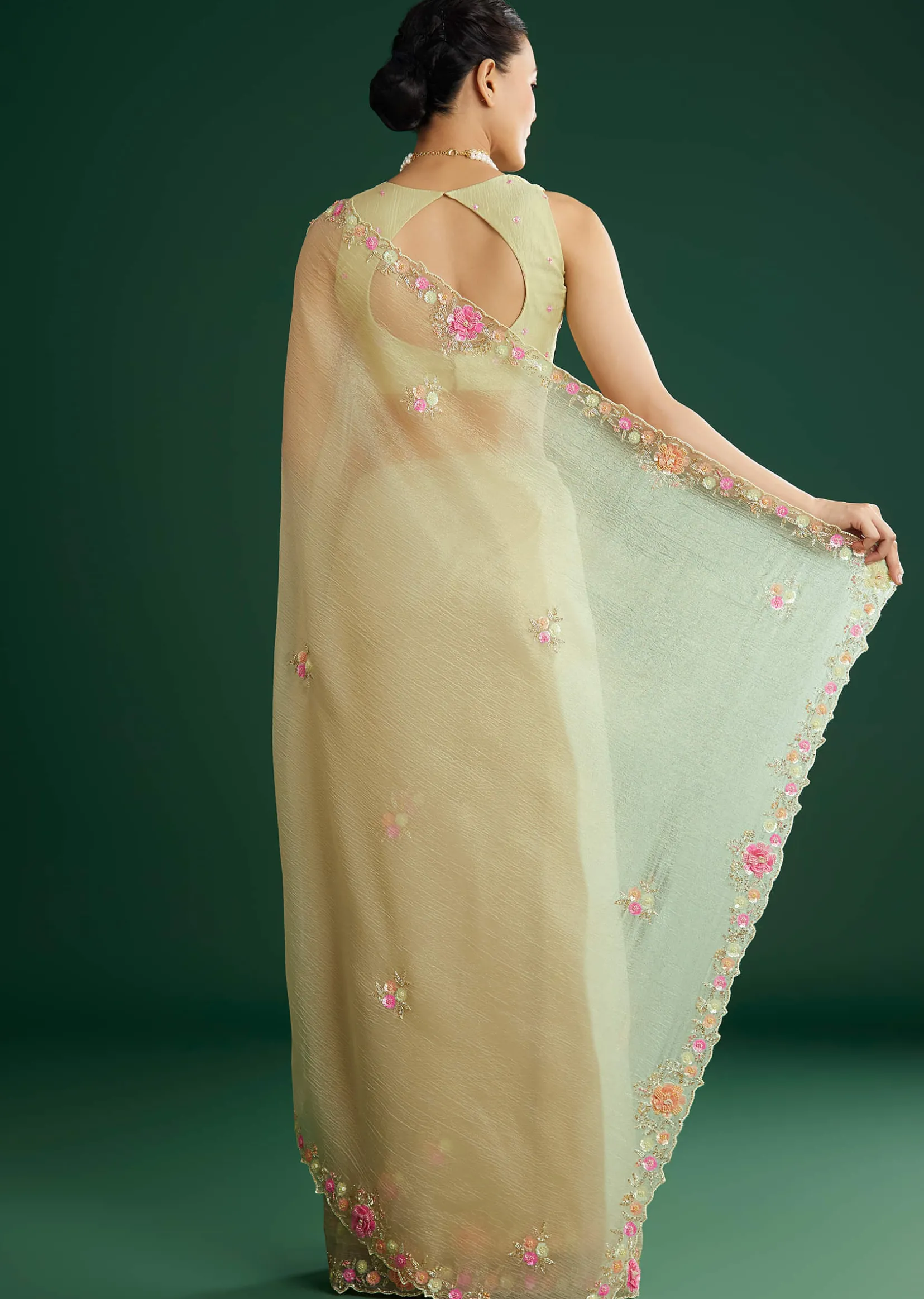 Light Pista Crushed Tissue Saree With Floral Embroidery