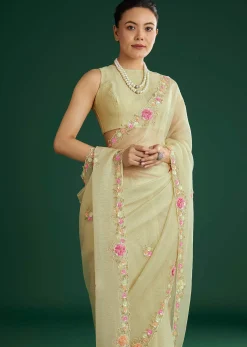 Light Pista Crushed Tissue Saree With Floral Embroidery