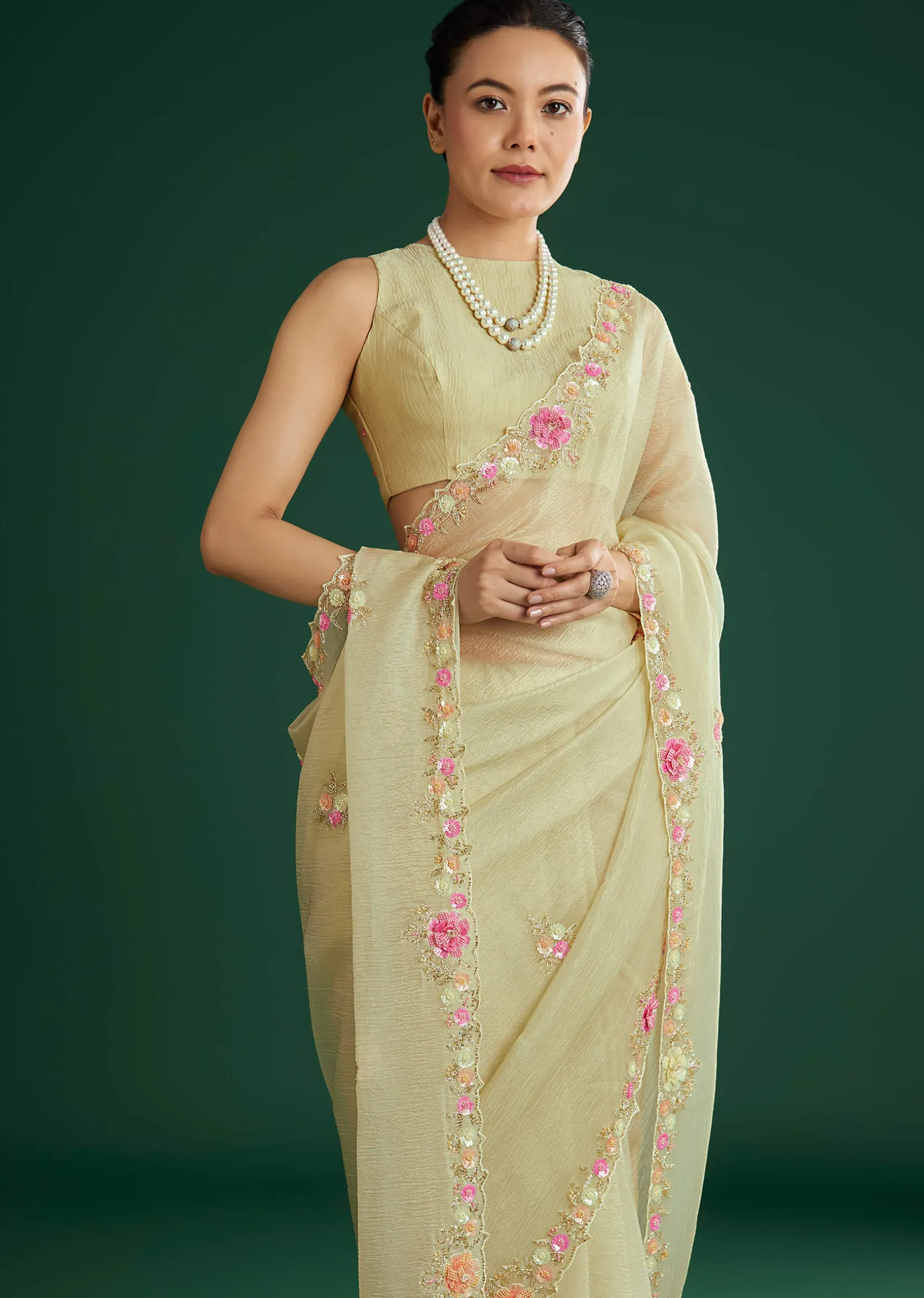 Light Pista Crushed Tissue Saree With Floral Embroidery