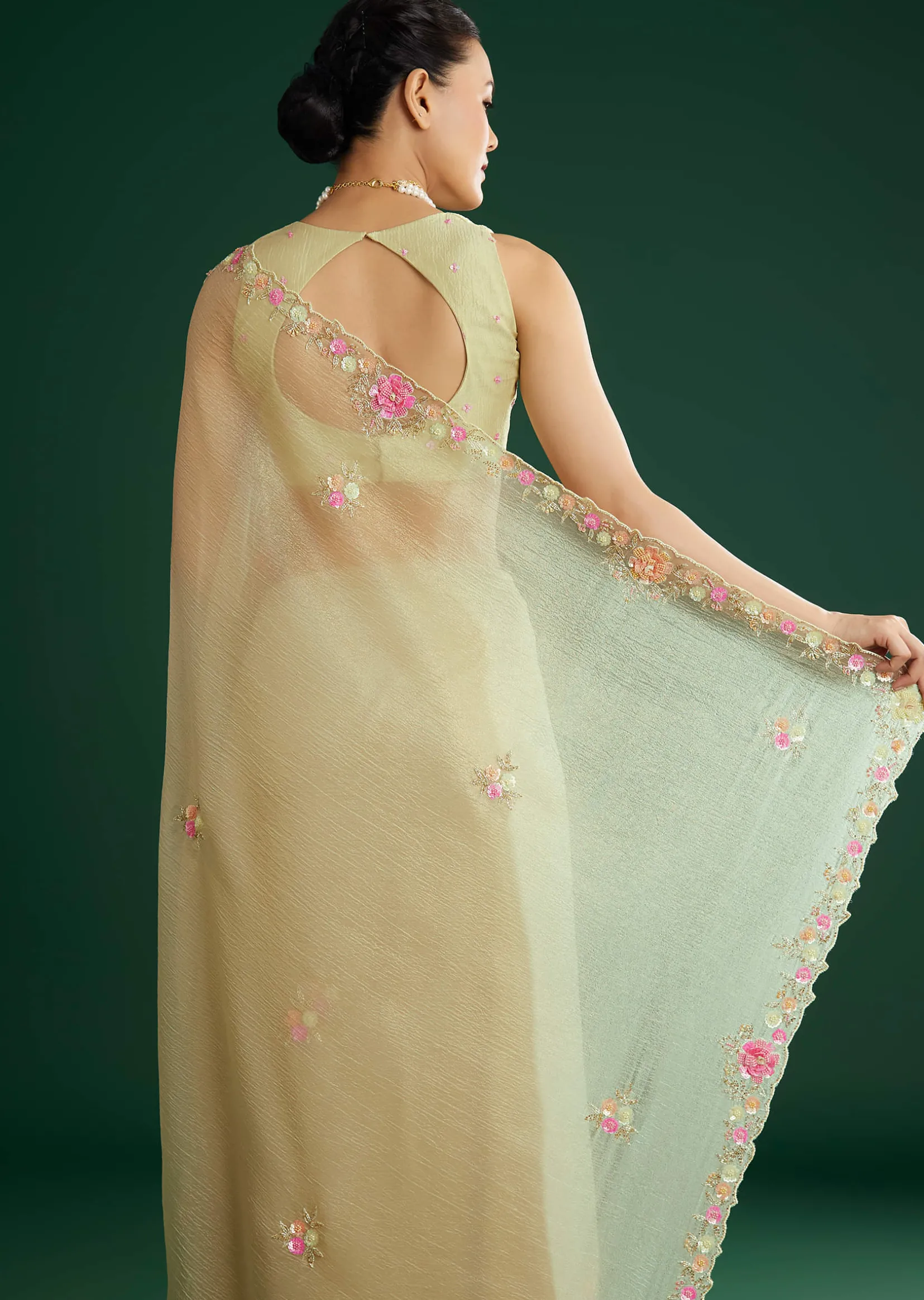 Light Pista Crushed Tissue Saree With Floral Embroidery