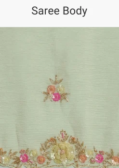 Light Pista Crushed Tissue Saree With Floral Embroidery