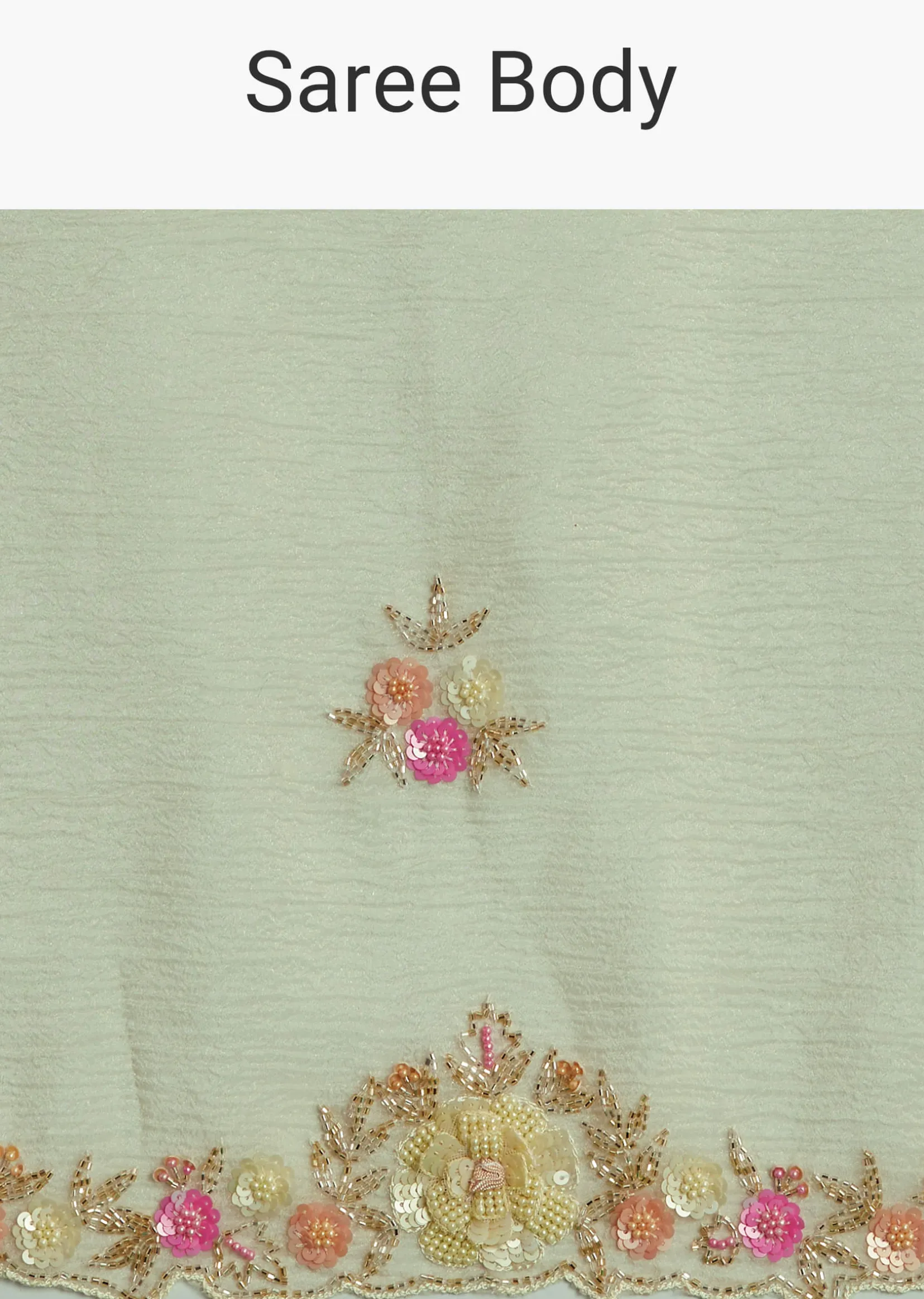 Light Pista Crushed Tissue Saree With Floral Embroidery