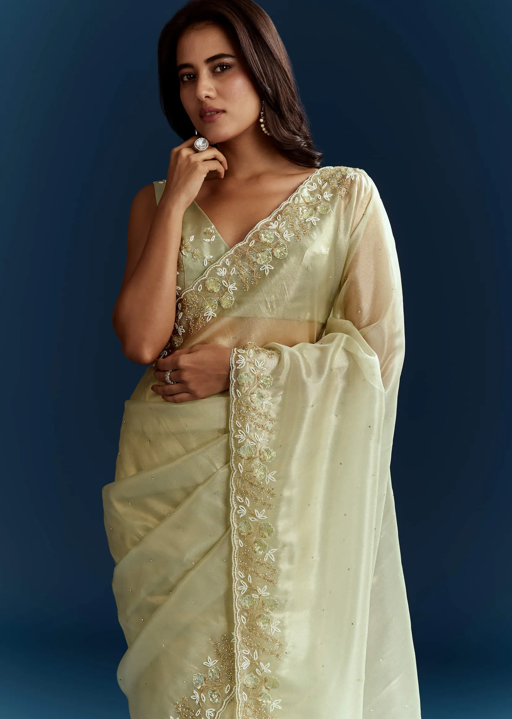 Light Pista Organza Saree With Floral Cutdana And Stone Embroidery