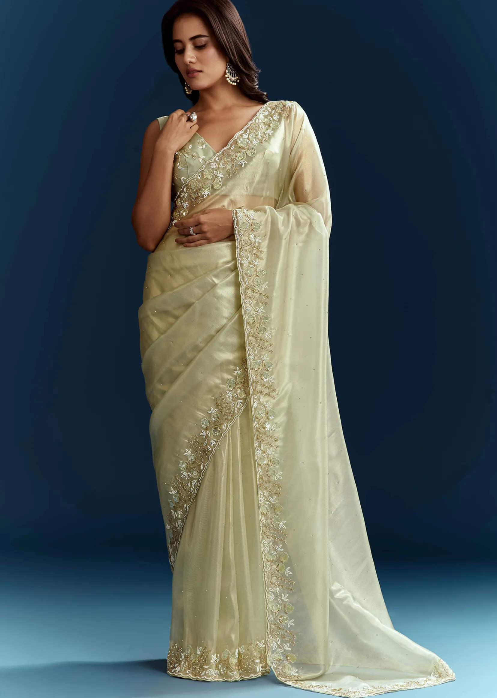 Light Pista Organza Saree With Floral Cutdana And Stone Embroidery