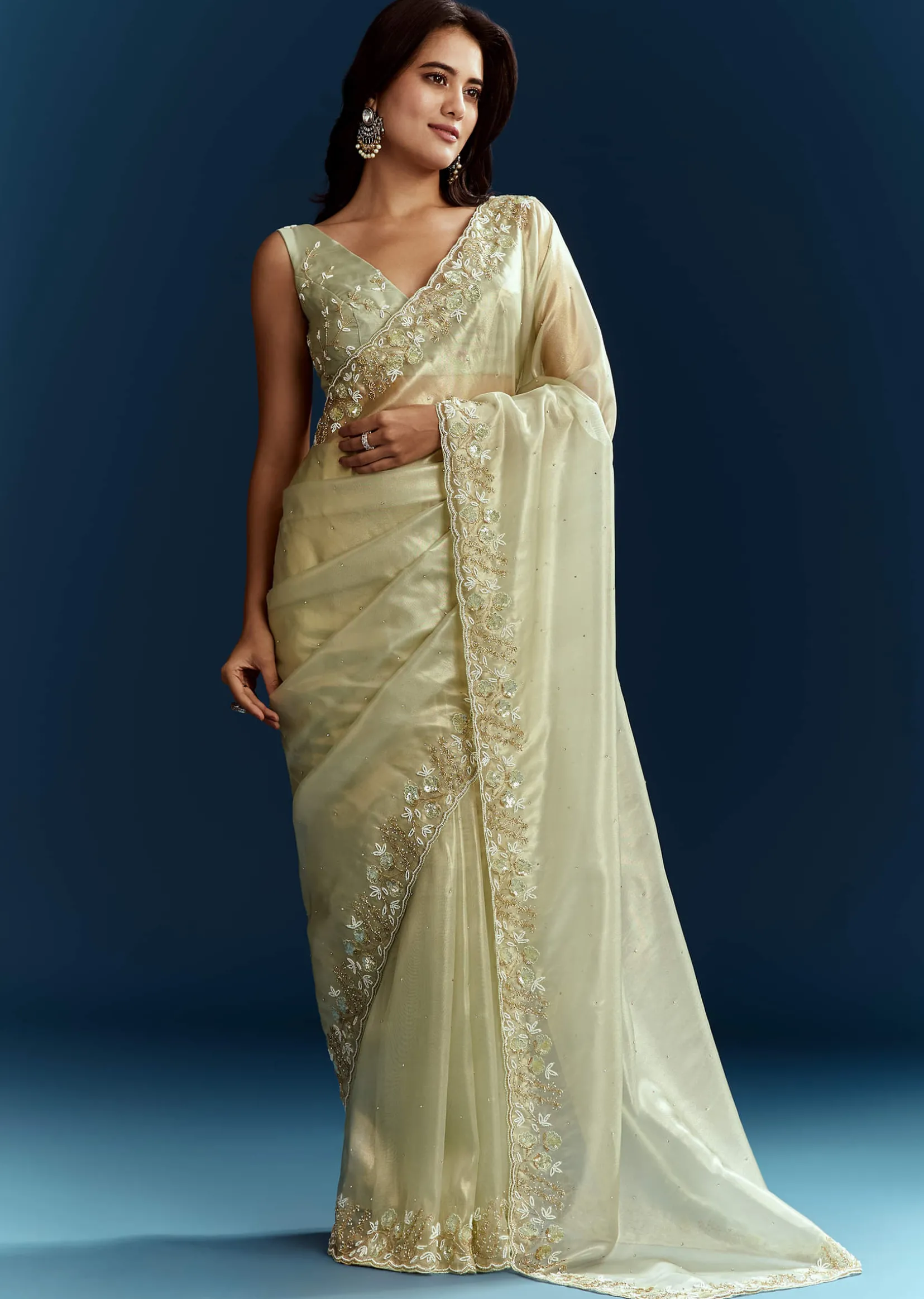Light Pista Organza Saree With Floral Cutdana And Stone Embroidery