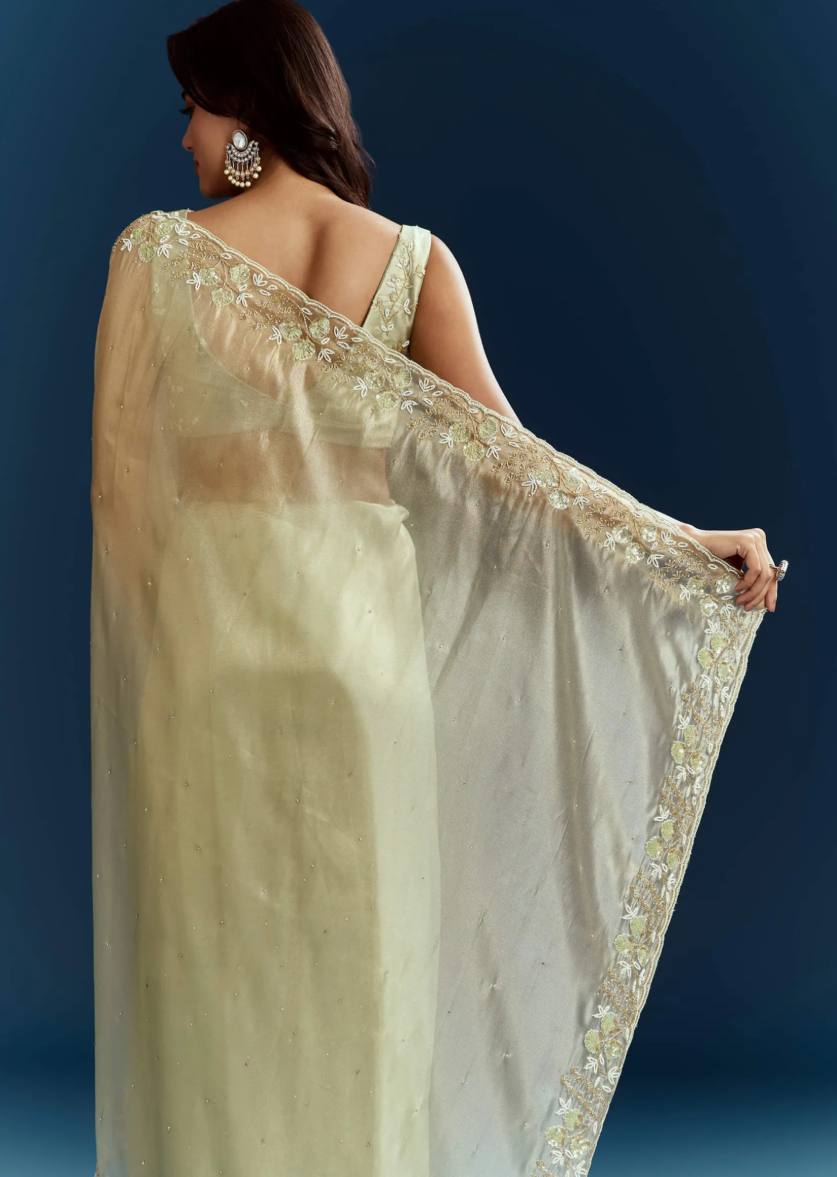 Light Pista Organza Saree With Floral Cutdana And Stone Embroidery