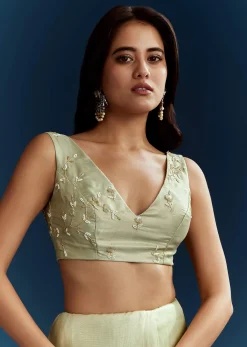 Light Pista Organza Saree With Floral Cutdana And Stone Embroidery