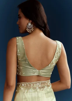 Light Pista Organza Saree With Floral Cutdana And Stone Embroidery