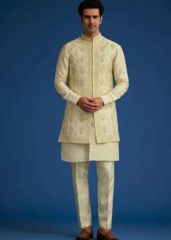 Light Pista Silk Kurta Set With Thread And Mirror Work Jacket
