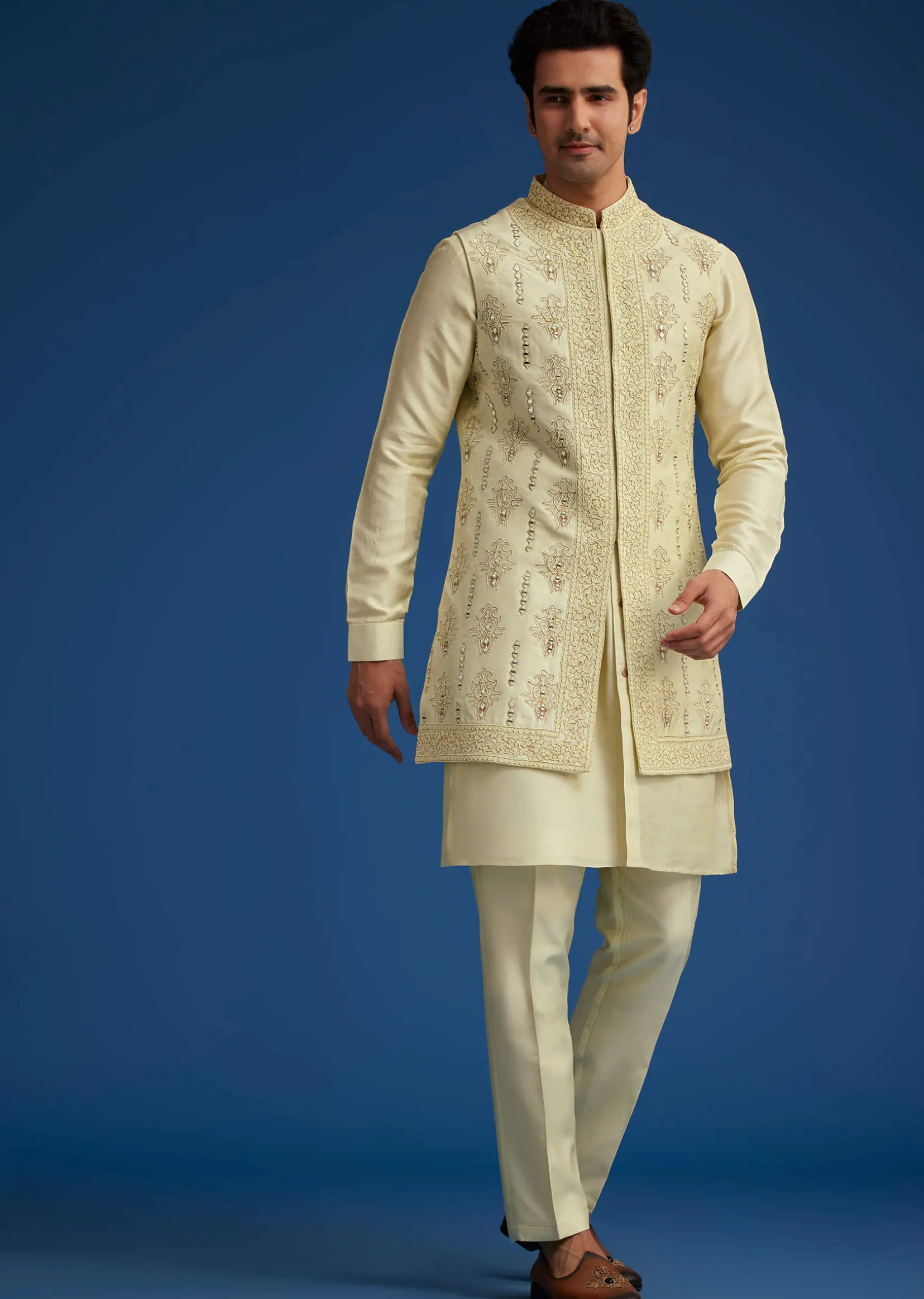 Light Pista Silk Kurta Set With Thread And Mirror Work Jacket