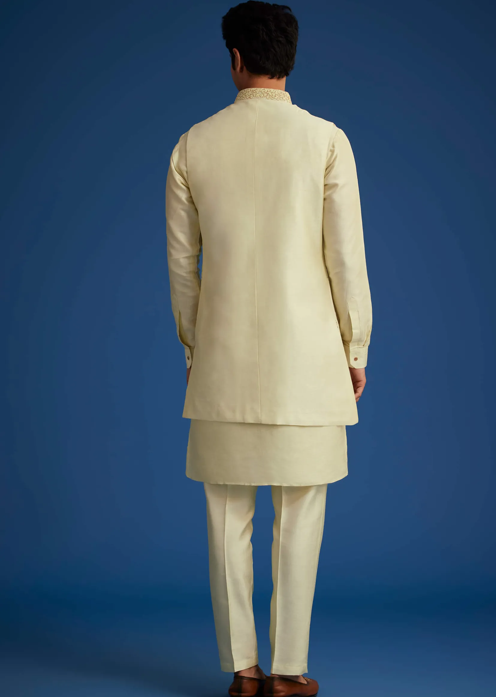 Light Pista Silk Kurta Set With Thread And Mirror Work Jacket