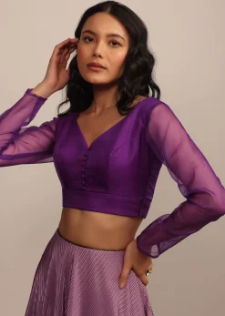 Light Purple Blouse In Organza With V Neckline