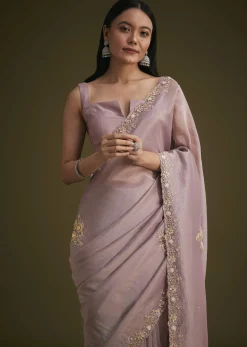 Light Purple Tissue Saree With Floral Embroidery