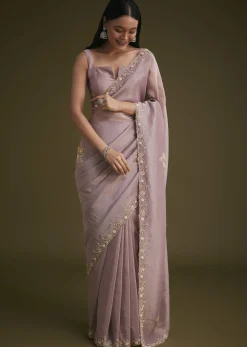 Light Purple Tissue Saree With Floral Embroidery