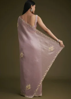 Light Purple Tissue Saree With Floral Embroidery