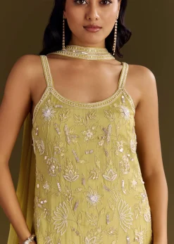 Light Yellow Chinon Embroidered Kurta Sharara With Choker Style Dupatta