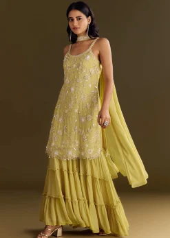 Light Yellow Chinon Embroidered Kurta Sharara With Choker Style Dupatta