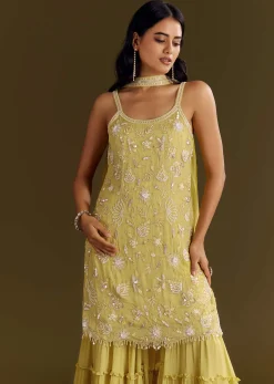Light Yellow Chinon Embroidered Kurta Sharara With Choker Style Dupatta