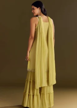 Light Yellow Chinon Embroidered Kurta Sharara With Choker Style Dupatta