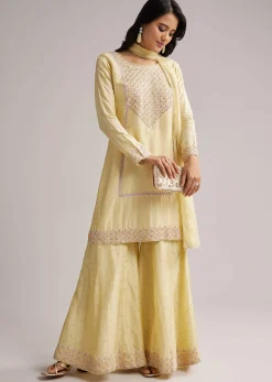 Light Yellow Embroidered Sharara Set With Dupatta