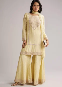 Light Yellow Embroidered Sharara Set With Dupatta