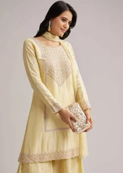 Light Yellow Embroidered Sharara Set With Dupatta
