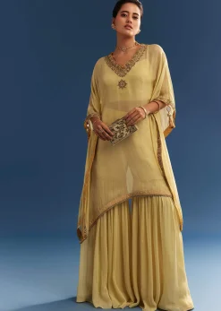 Light Yellow Embroidered Kaftan Sharara Set In Organza