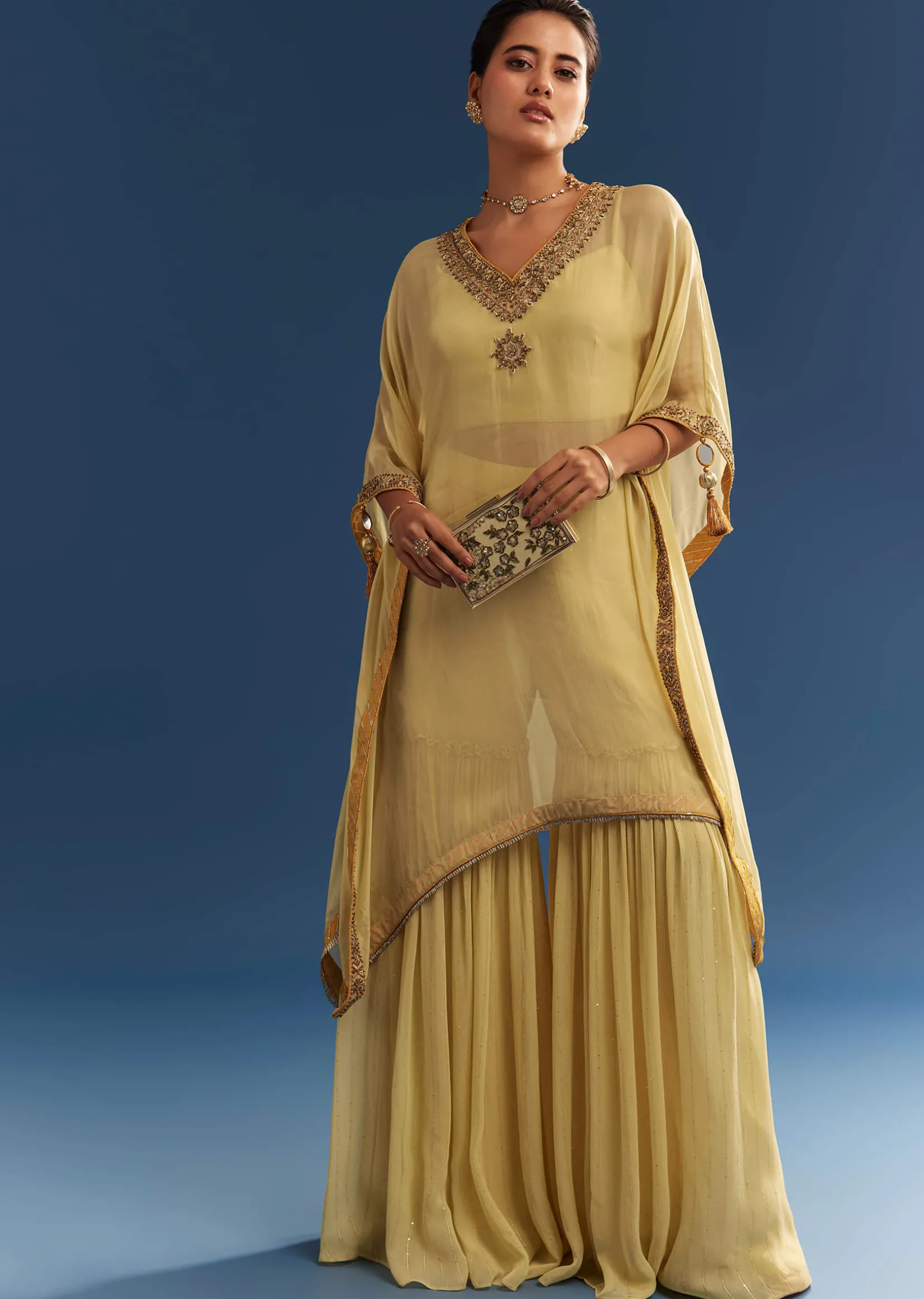 Light Yellow Embroidered Kaftan Sharara Set In Organza