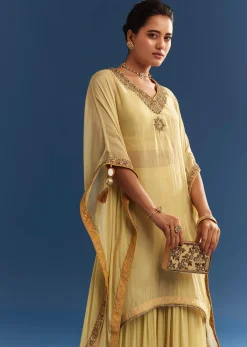 Light Yellow Embroidered Kaftan Sharara Set In Organza
