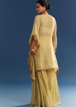 Light Yellow Embroidered Kaftan Sharara Set In Organza