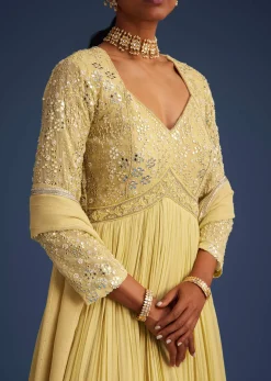 Light Yellow Georgette Anarkali With Mirror And Sequin Work