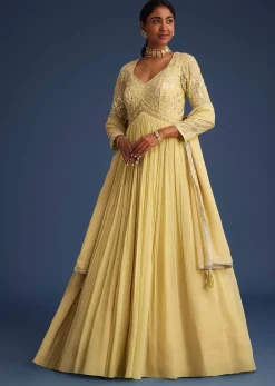 Light Yellow Georgette Anarkali With Mirror And Sequin Work