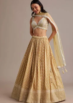 Light Yellow Printed Lehenga Set With Mirror And Moti Work