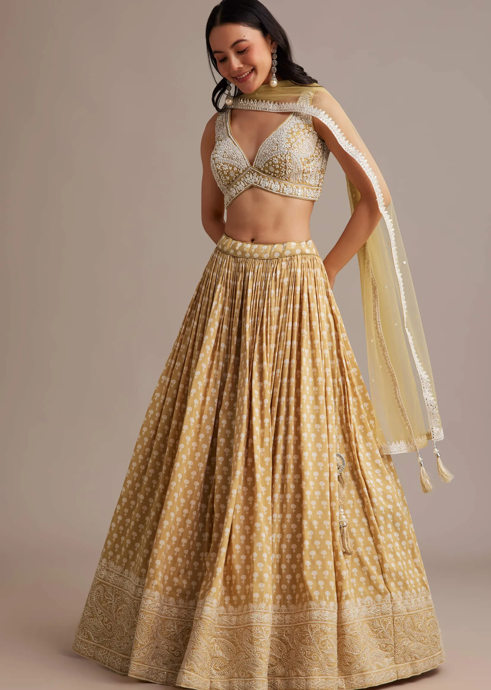 Light Yellow Printed Lehenga Set With Mirror And Moti Work