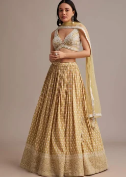 Light Yellow Printed Lehenga Set With Mirror And Moti Work