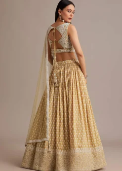 Light Yellow Printed Lehenga Set With Mirror And Moti Work