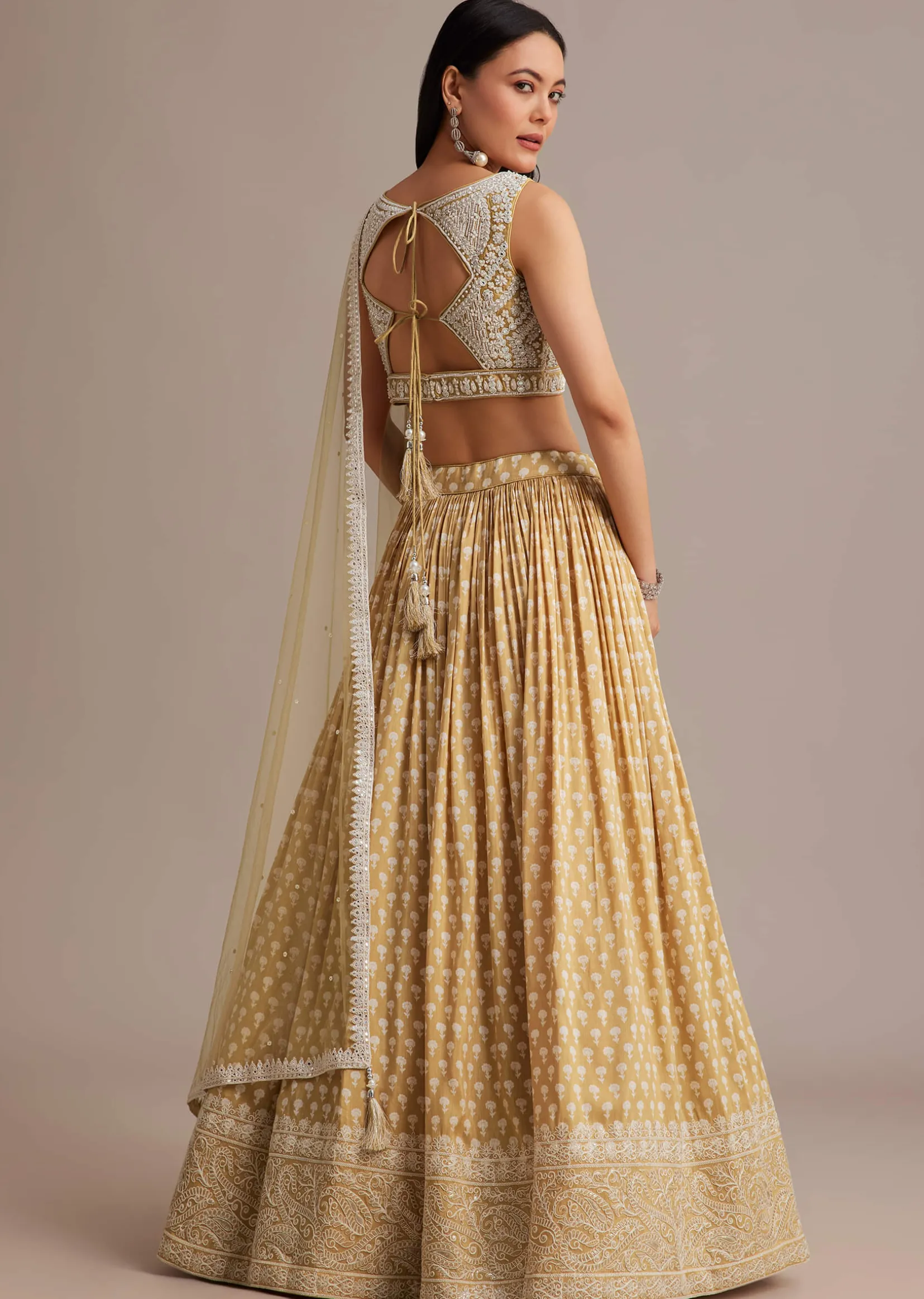 Light Yellow Printed Lehenga Set With Mirror And Moti Work