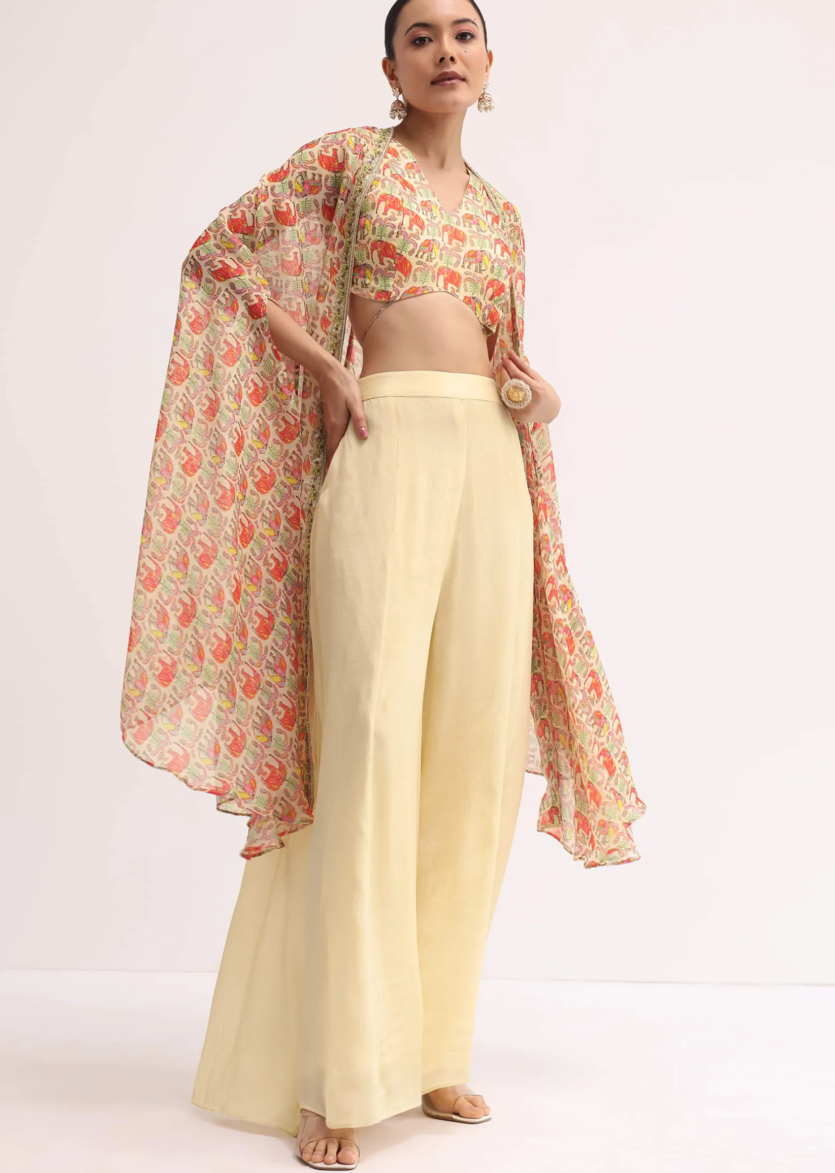 Light Yellow Printed Organza Palazzo Set With Jacket