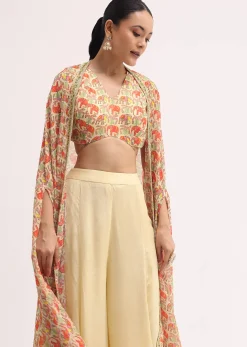 Light Yellow Printed Organza Palazzo Set With Jacket
