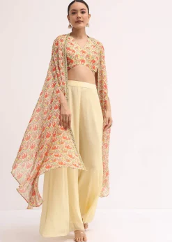 Light Yellow Printed Organza Palazzo Set With Jacket
