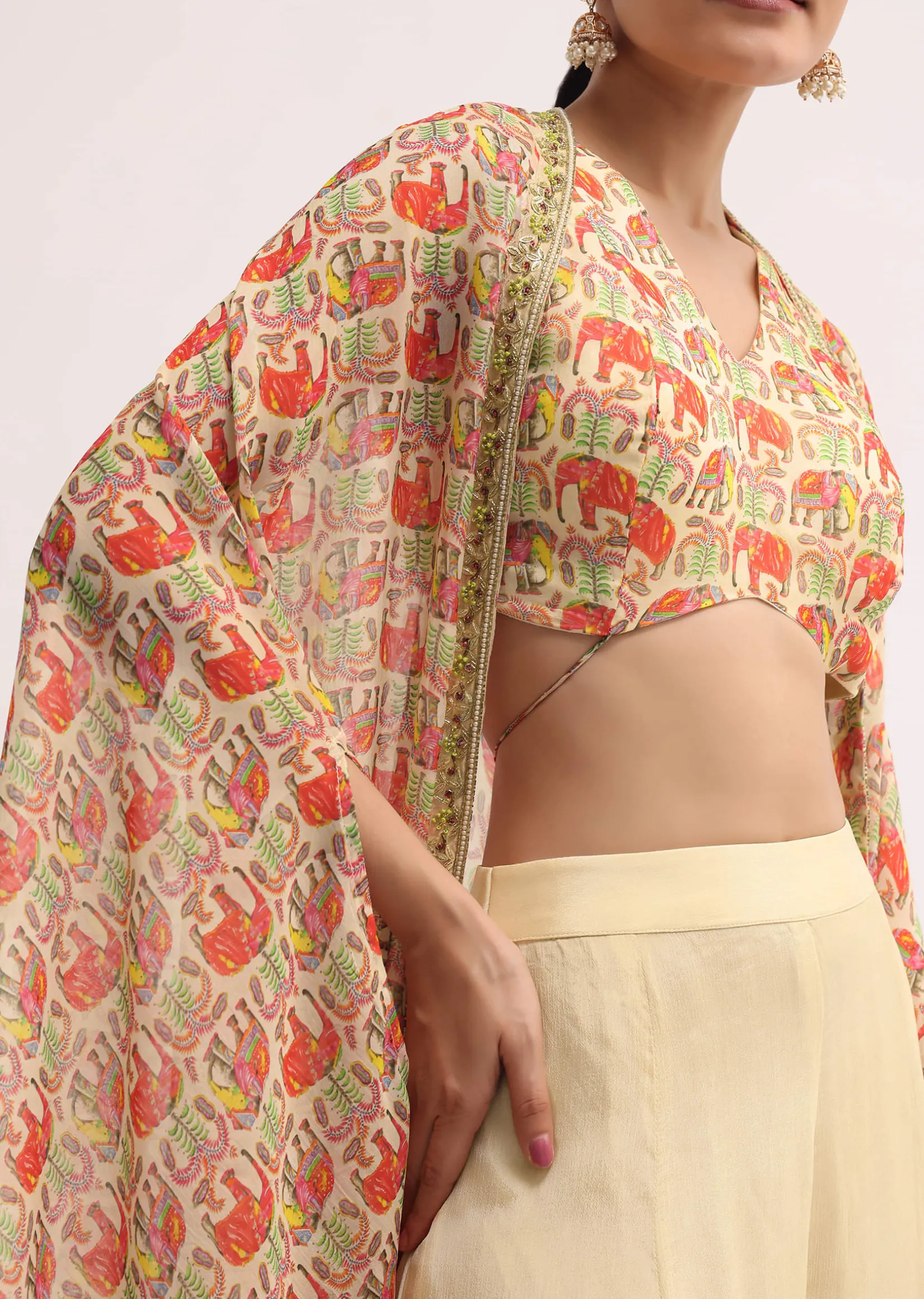 Light Yellow Printed Organza Palazzo Set With Jacket