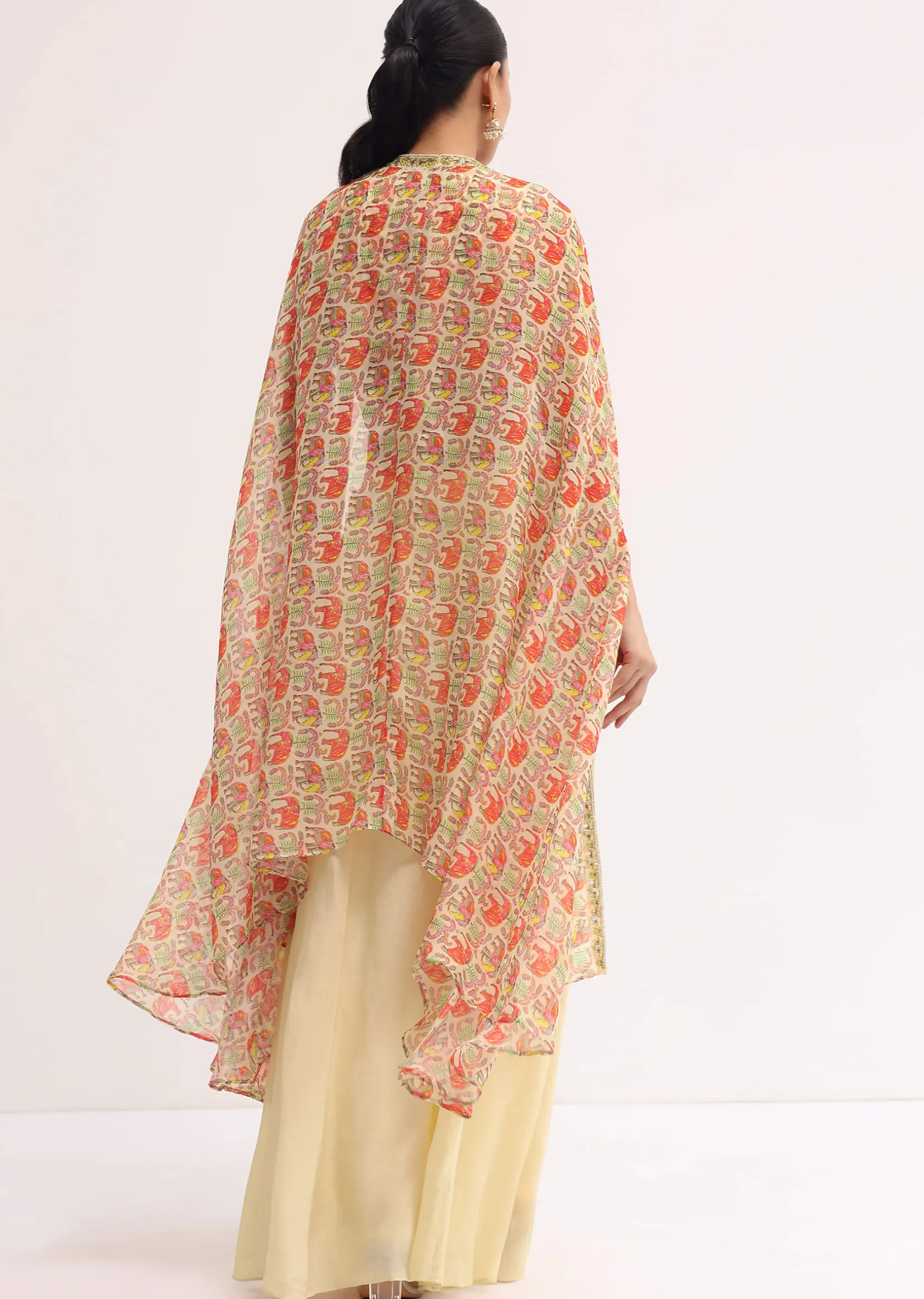 Light Yellow Printed Organza Palazzo Set With Jacket